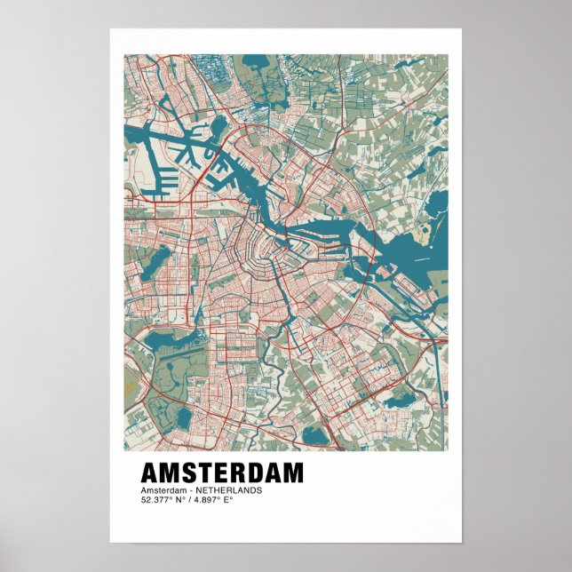 Poster de Mapa de Amsterdã - Estilo de Mapa de Vin (Frente)