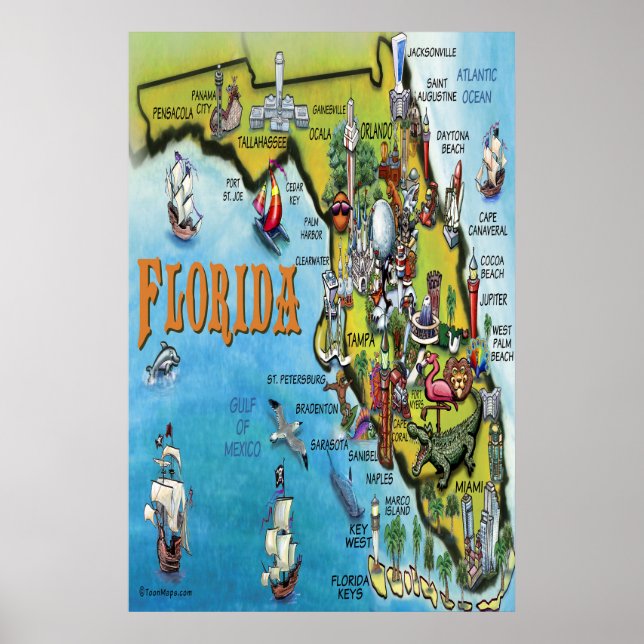 Poster de Mapa de Cartoon da Flórida Grande (Frente)