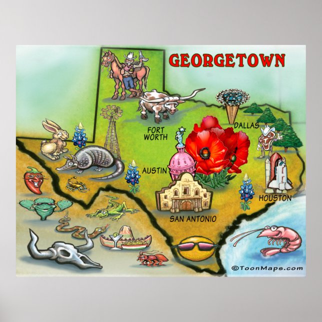 Poster de Mapa de Cartoon do Texas Georgetown (Frente)