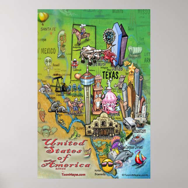 Poster de Mapa de Cartoons do Texas (Frente)