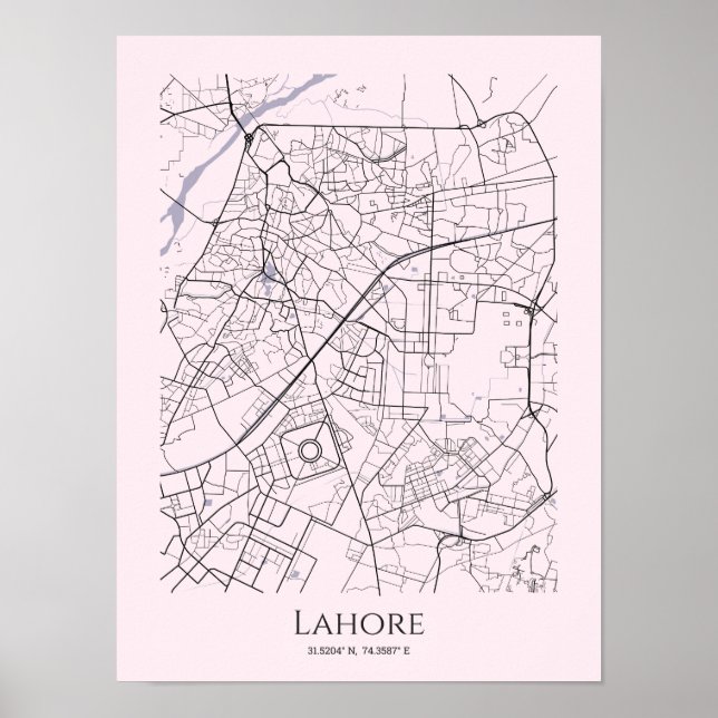 Poster de Mapa de Lahore (Rosa, Corresponder) (Frente)
