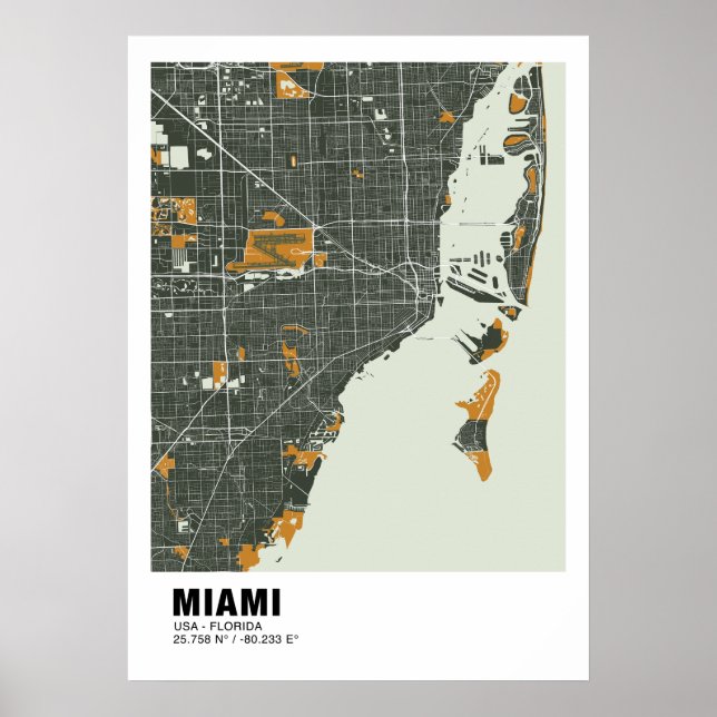 Poster de Mapa de Miami - Mapa Verde e Dourado de  (Frente)