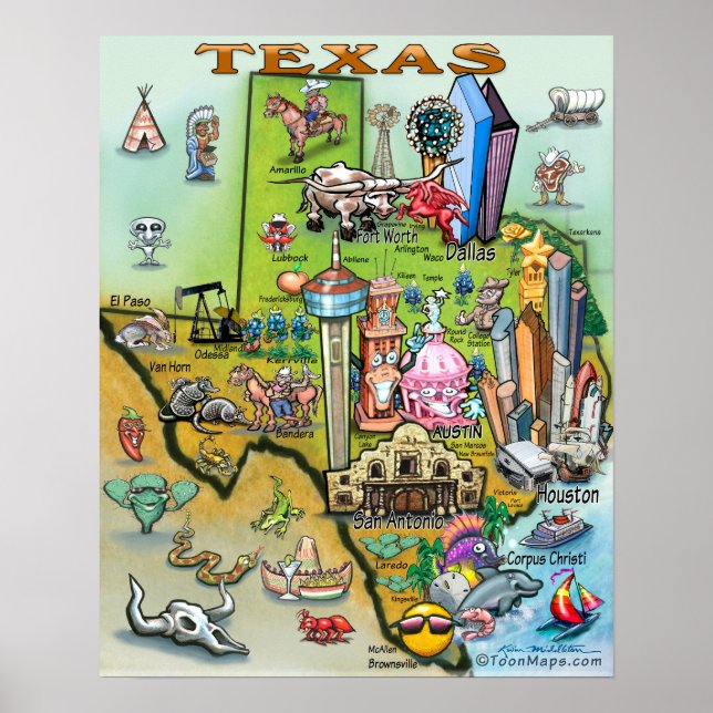 Poster de Mapa Divertido do Texas (Frente)