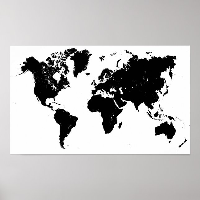 Poster de Mapa do Mundo Branco e Negro minimalista (Frente)