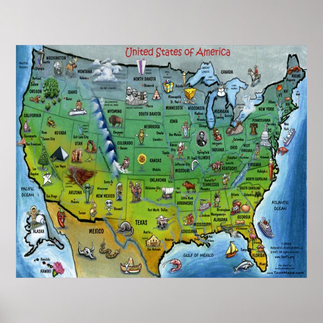 POSTER de Mapa Grande de Cartoon dos EUA (Frente)