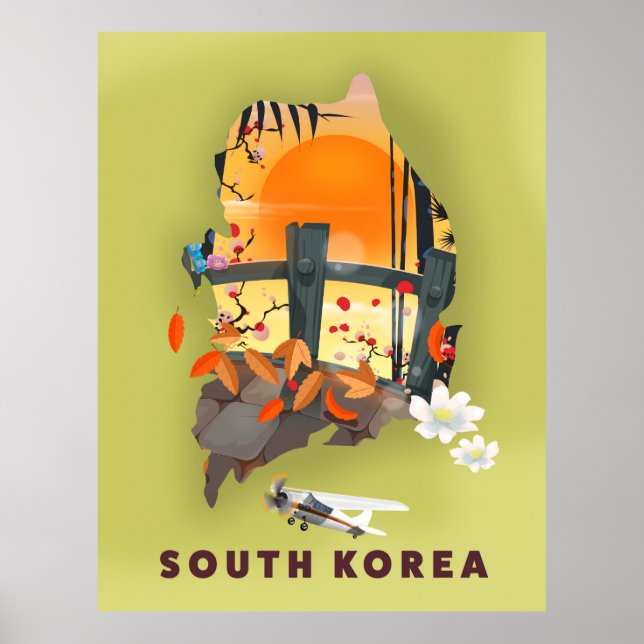 Poster de mapa ilustrado da Coreia do Sul (Frente)