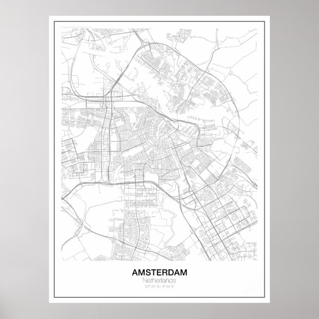 Poster de Mapa Minimalista de Amsterdã (estilo 2) (Frente)
