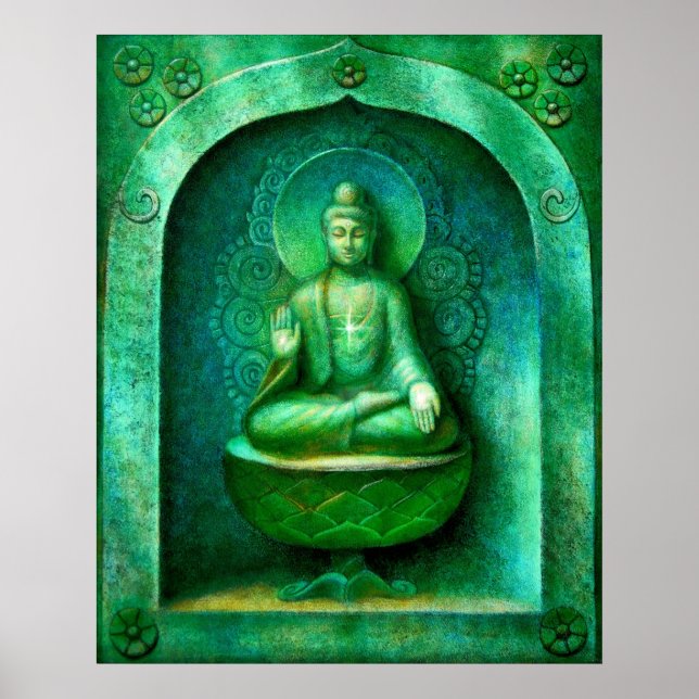 Poster de Meditação Budista Verde Buda Zen (Frente)