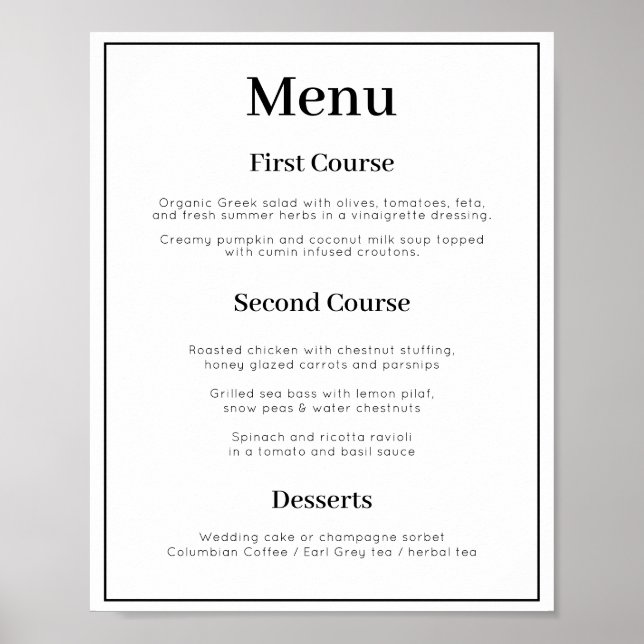 Poster de Menu de Casamento Simples de 3 Cursos (Frente)