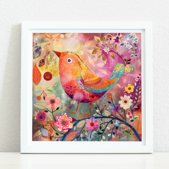 POSTER DE MÍDIA MISTA DE AVES COLORIDA (COLORFUL BIRD MIXED MEDIA POSTER)