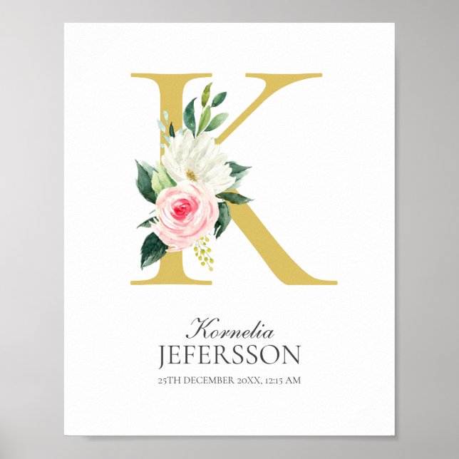 Poster de Monograma de Letra K com Flores (Frente)