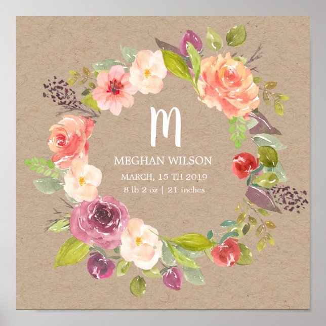Poster de Nascimento Personalizado do Bebê Rústico (Frente)