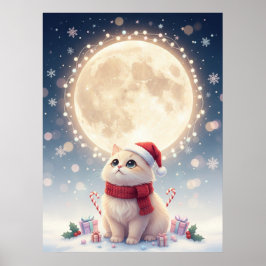 Poster de Natal de Gatinho Fofo Kawaii com a Lua