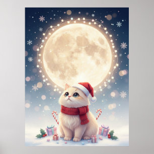 Poster de Natal de Gatinho Fofo Kawaii com a Lua
