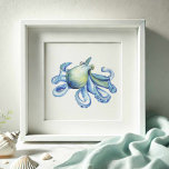 Poster de Octopus de Cor Azul<br><div class="desc">Perfeito para quartos, banheiros e áreas vivas na sua casa de praia. Este impressão quadrado 12x12 apresenta meu polvo azul-aquarela original pintado pela mão em tons de azul e verde. Corresponde à minha coleção de decoração do lado do mar. Para ver mais visite www.zazzle.com/dotellabelle Faz um presente de Dia de...</div>