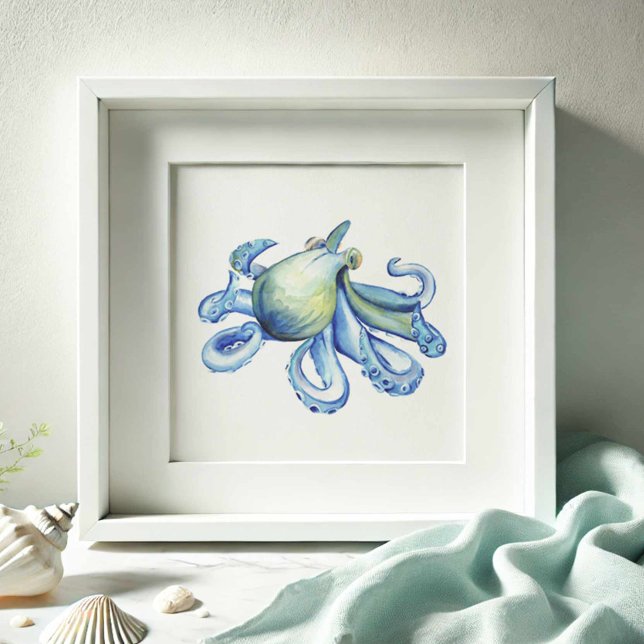 Poster de Octopus de Cor Azul (Watercolor paintings beach art blue octopus by Victoria Grigaliunas of Do Tell A Belle)
