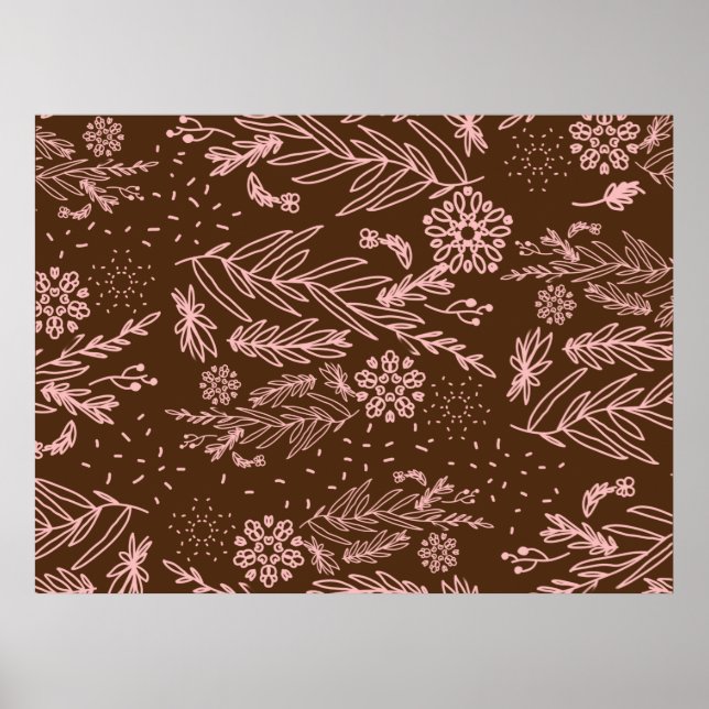 Poster de Padrões Botânicos Castanhos rosa Dourado (Frente)