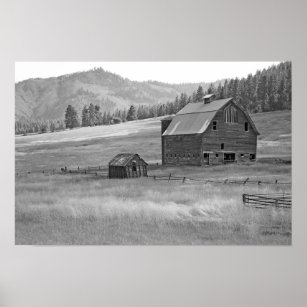 Poster de paisagem de celeiro preto e branco