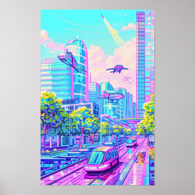 Poster de Paisagem dos Automóveis Voadores Futuros (Frente)