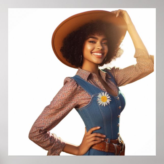 Poster de Parede Cowgirl Moderna Posando com Chapé (Frente)