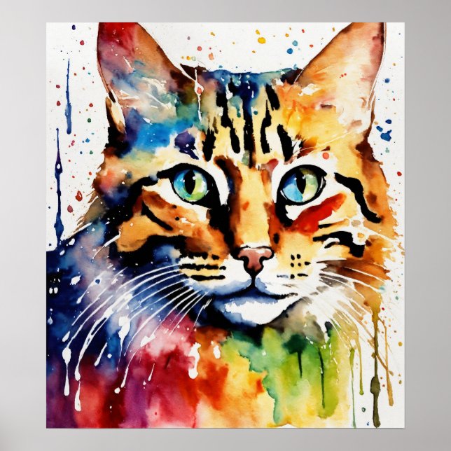 Poster de parede de aquarela colorida de gata colo (Frente)