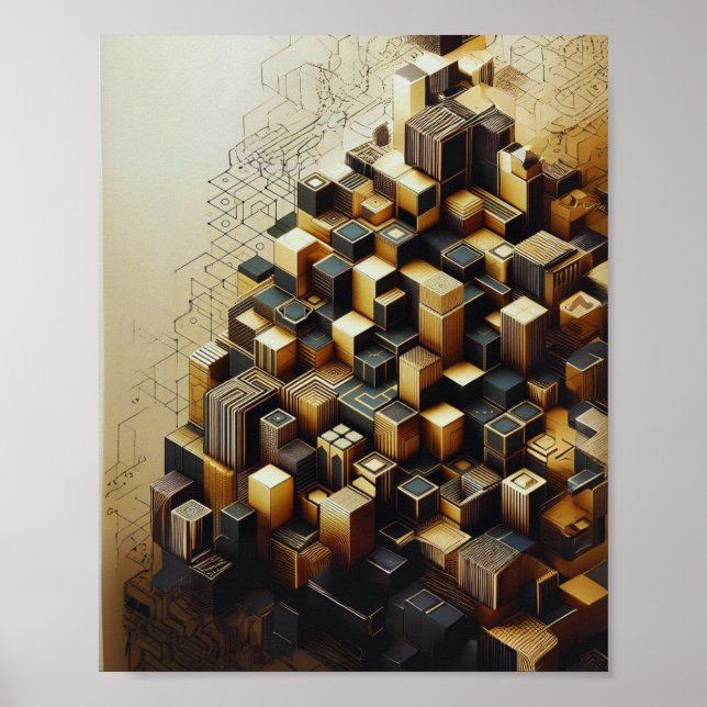 Poster de parede hexagonal Dourada e Abstrato pret (Frente)