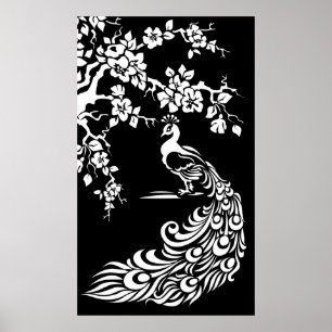 Poster de pavão branco preto e flores de cereja