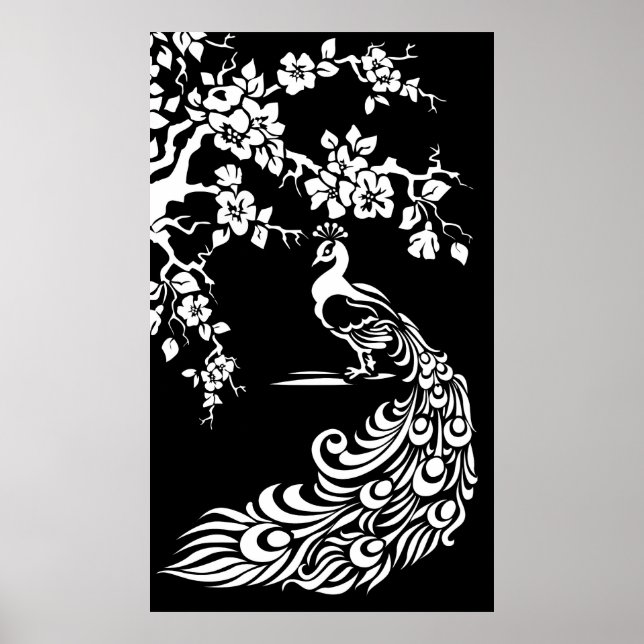 Poster de pavão branco preto e flores de cereja (Frente)