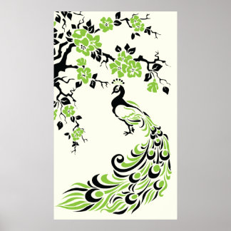 Poster de pavão verde-preto e flores de cereja