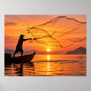 Poster de Pescador Lançando Rede ao Pôr do Sol