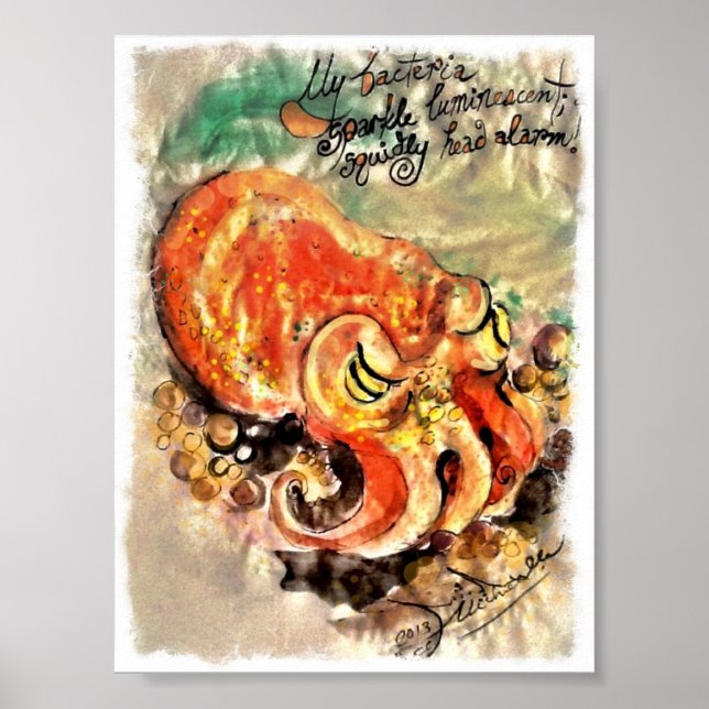 Poster de pincel e pintura a tinta de uma lula. (Frente)