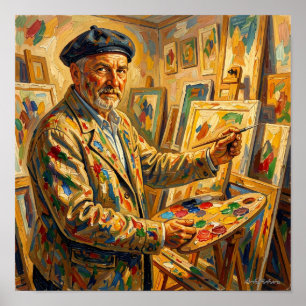 Poster de Pintor Solitário em um Estúdio Dourado