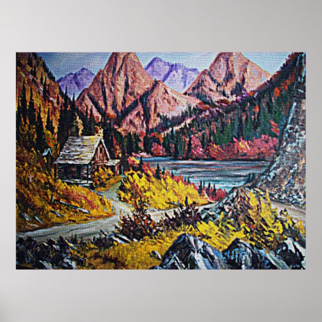 Poster de pintura a óleo de cabana junto ao lago (Frente)
