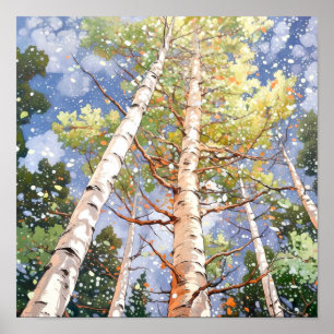 Poster de Pintura de Aquarela da Floresta de Birch