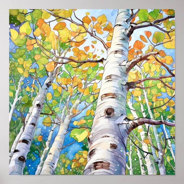 Poster de Pintura de Aquarela da Floresta de Birch (Frente)