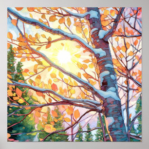 Poster de pintura de aquarela de floresta solar
