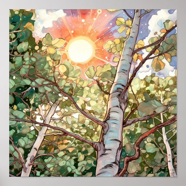Poster de pintura de aquarela de floresta solar (Frente)