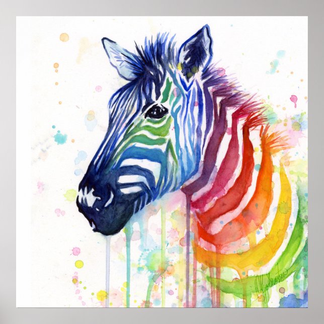 Poster de pintura por aquarela Zebra Rainbow (Frente)
