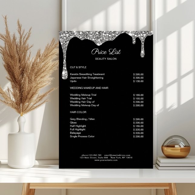 Poster de Pré-escuta Preto de Prata Moderna (Modern Silver Black Glitter Pricelist Poster)