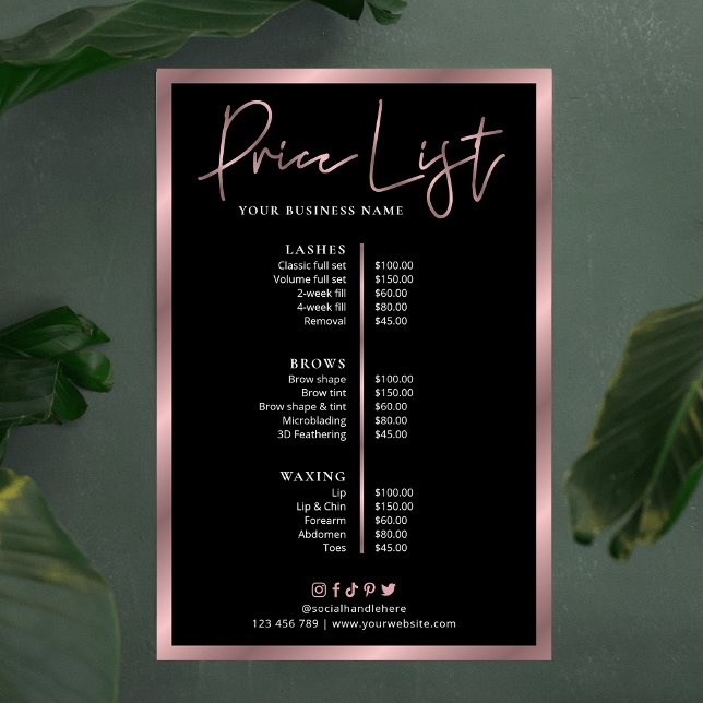 Poster de preços para serviços Dourados Elegante e (Black and rose gold price list menu for small business)