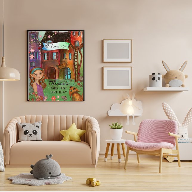Poster de primeiro aniversario de Boas-vindas da F (Magical Woodland Fairy 1st Birthday Welcome Poster)