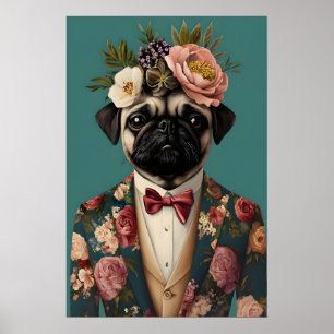 Poster de Pug de Terno, Retrato de Pug, Óleo de Pu