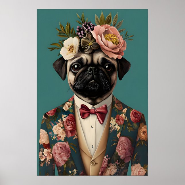 Poster de Pug de Terno, Retrato de Pug, Óleo de Pu (Frente)