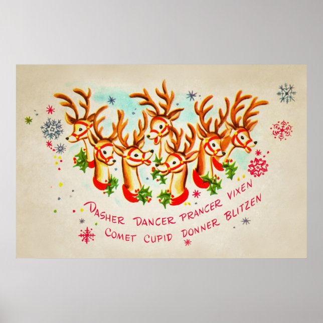 Poster de Reindeer de Papais noeis Vintage (Frente)