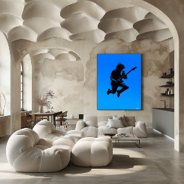 Poster de Rock Guitarista - Silhueta Preta em Azul