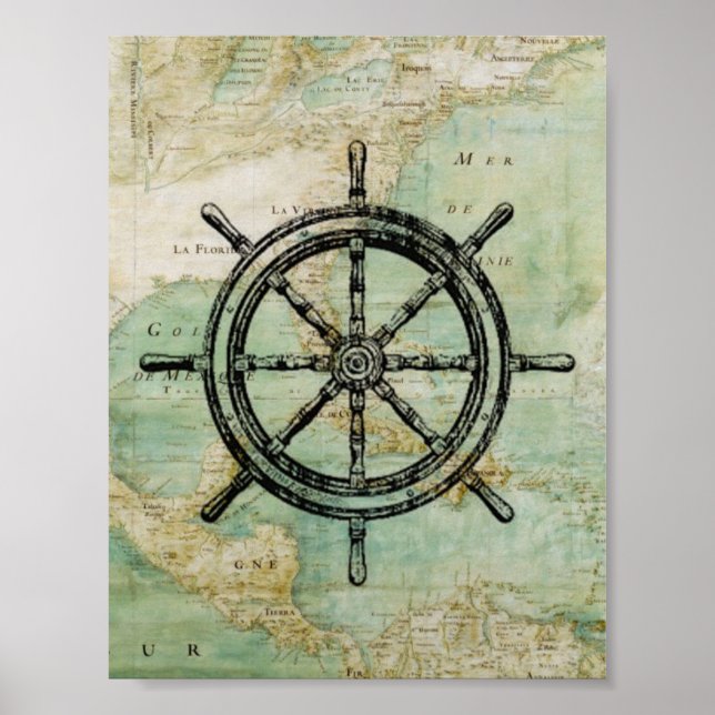 Poster de Roda e Mapa Antiquado de Navios Náuticos (Frente)