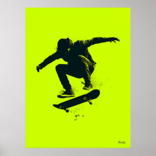 Poster de skater - Silhueta preta em verde neon