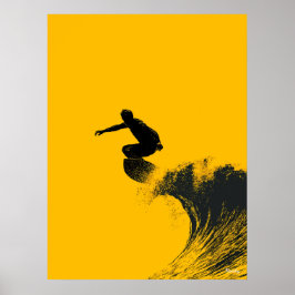 Poster de Surfer - Silhueta Preta na Onda Amarela