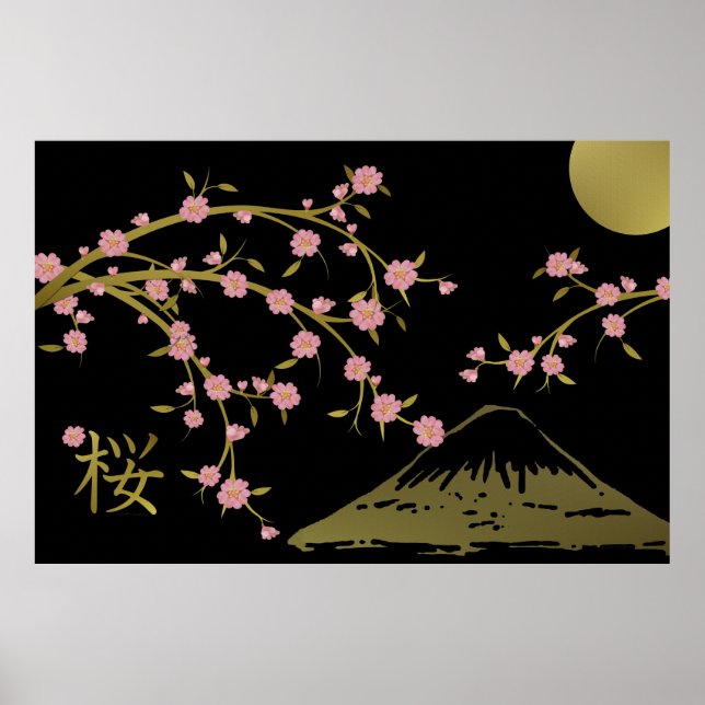Poster de Tela Negra Dourada Sakura Rosa (Frente)