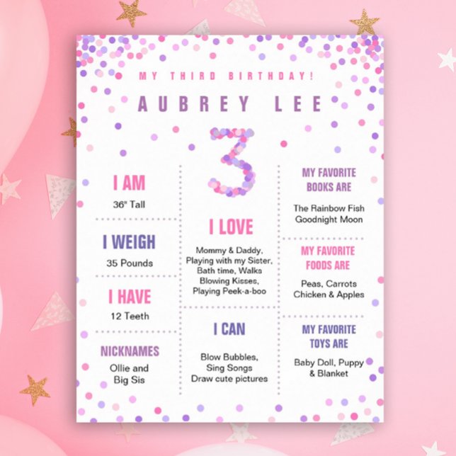Poster de terceiro aniversário do Rainbow Confetti (Pink and purple confetti milestone poster for your 3 year old's birthday!)
